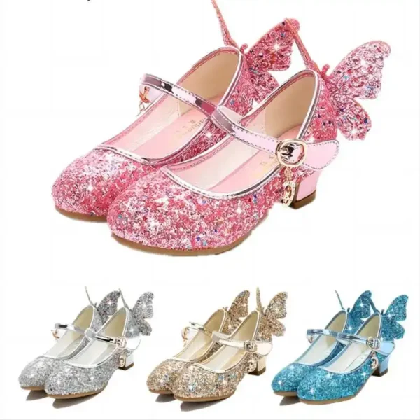 Princess Butterfly Leather Shoes Kids Diamond Bowknot High Heel Children Girl Dance Glitter Shoes