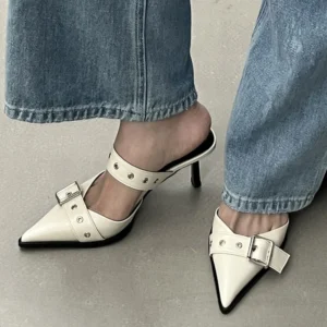 Punk Goth Metal Buckle High Heels Sandals Women 2023 Summer Pointed Toe Silver Party Shoes Woman