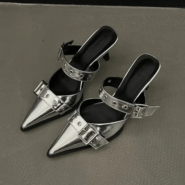 Punk Goth Metal Buckle High Heels Sandals Women 2024 Summer Pointed Toe Silver Party Shoes Woman