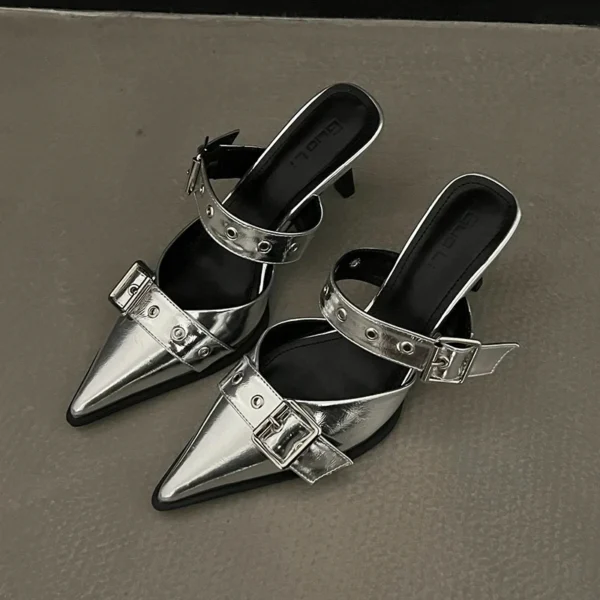 Punk Goth Metal Buckle High Heels Women's Sandals Summer 2024 Pointed Toe Silver Party Shoes Fashion