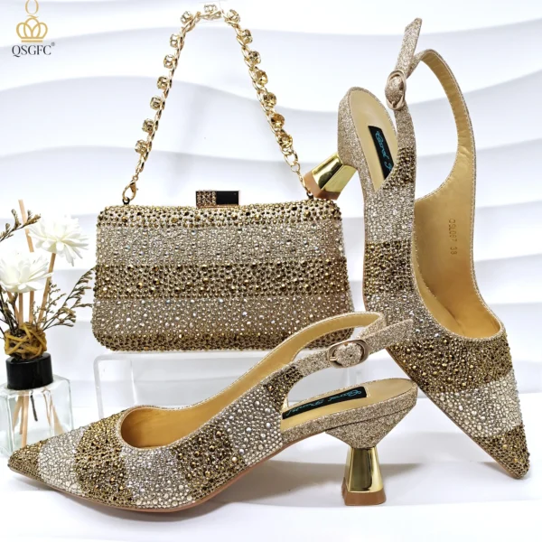 QSGFC INS 2024 Gold Color Elegant Women Heels Shoes and Bag Set Hollow Rhinestones High Heels