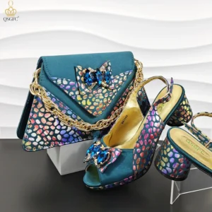 QSGFC Newest Teal Blue Color Pumps Women High Heels Decorated with Rhinestone Flower Design Party