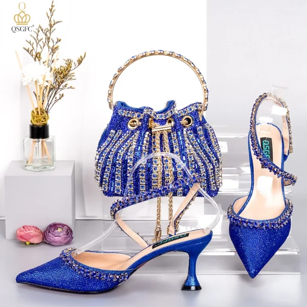 QSGFC Simple Exquisite Royal Blue High Heels Metallic Drill Chain Decoration Bucket Bag Fashion