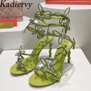 Rhinestone Flower Sandals Woman High Heels Summer Shoes Crystal Snake Twine Around Ankle Strap