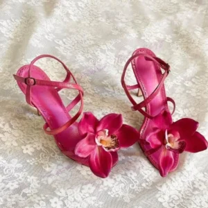 Rose Red Flower Back Strap Sandals Open Toe Shoes for Women Stilettos High Heels Elegant Evening