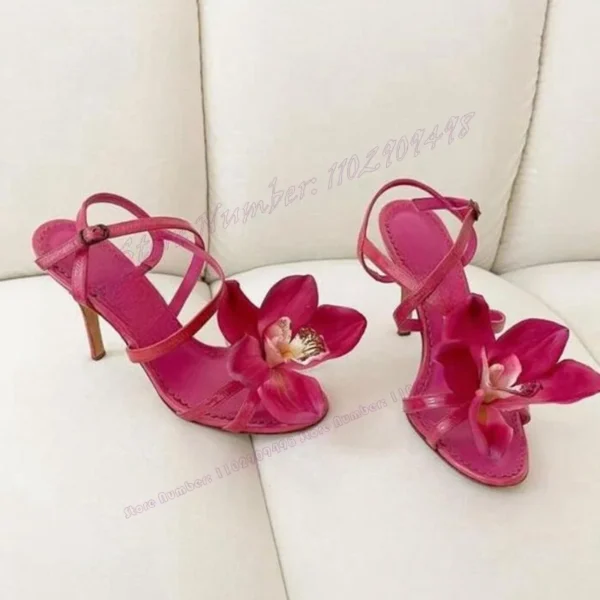 Rose Red Flower Decor Elegant Sandals Back Strap Open Toe Shoes for Women Stilettos High Heels Shoes