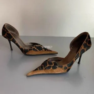 Sexy Leopard Strappy Mule Women Thin High Heels Pumps Sandals Pointed Toe Slides Party Flip Flops