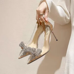 Sexy Transparent Wpmens Pumps Rhinestone Butterfl-knot Pointed Toe Pumps Wedding High Heels Spring