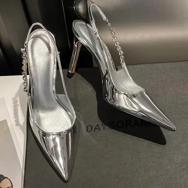 Shiny High Heels Slingback Silver Women Pumps Metallic Crystal Sandals Pointy Toe Stiletto Heeled