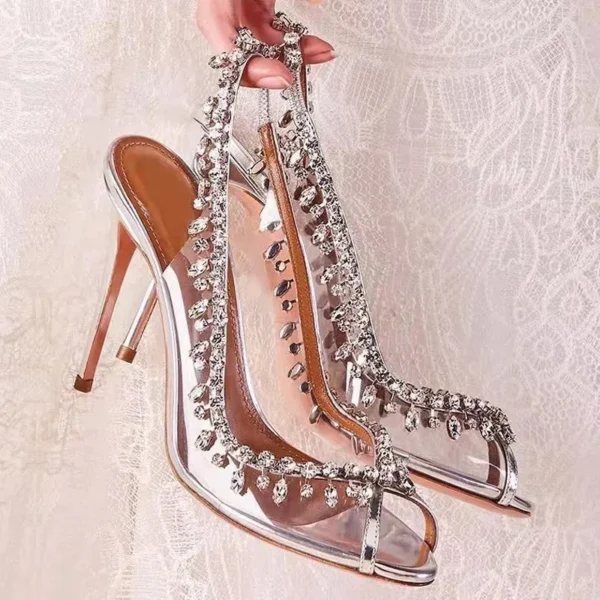 Silver Pink PVC Clear Heeled Sandals Women Pumps Sexy Rhinestones Thin High Heels Shoes Pointed Toes