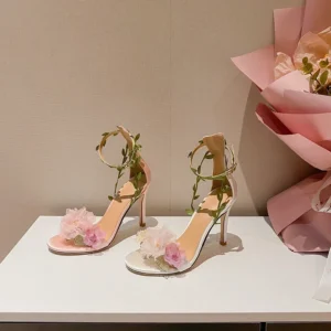 Summer Pink Sweet Chiffon Flower Dream High Heels Lace up Sandals Wedding Banquet Women's Shoes