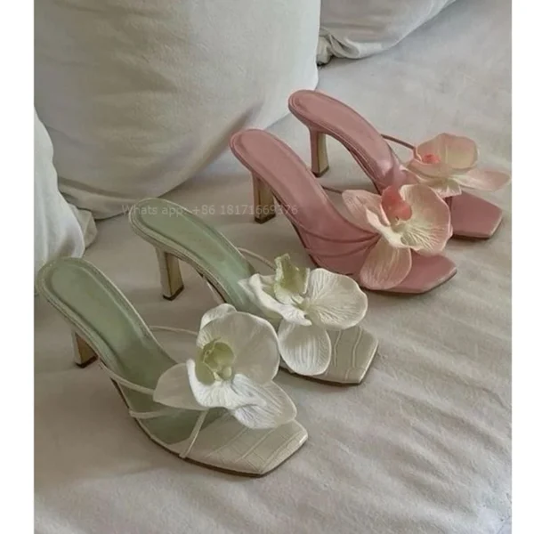 Summer Sweet Floral Thin High Heel Slippers Women Design Slip on Dress Square Toe Slippers Lady