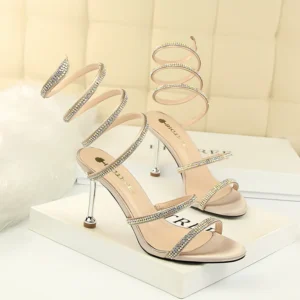 Summer Women 8cm High Heels Nightclub Silk Rhinestone Bling Sandals Ankle Cross Strap Sandles Sexy