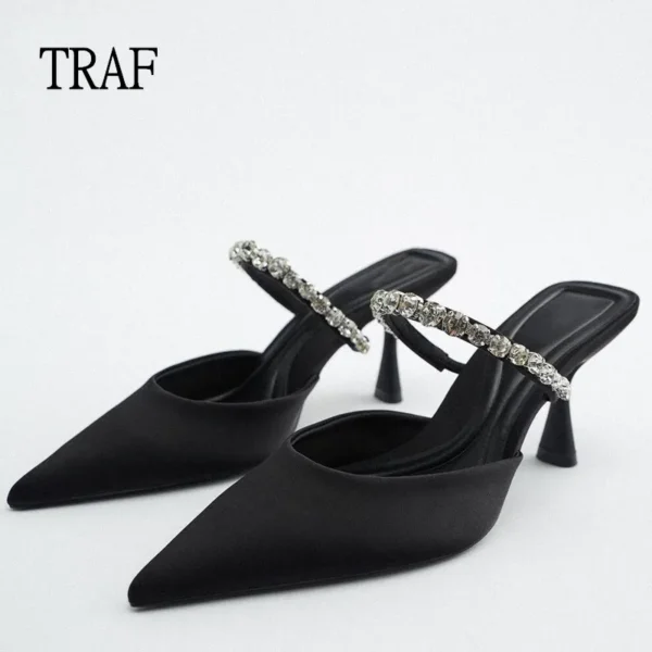 TRAF 2024 Black Slingback Heels Sandals Woman Shoes Spring Summer Heel Shoes Pointe High Heels Women