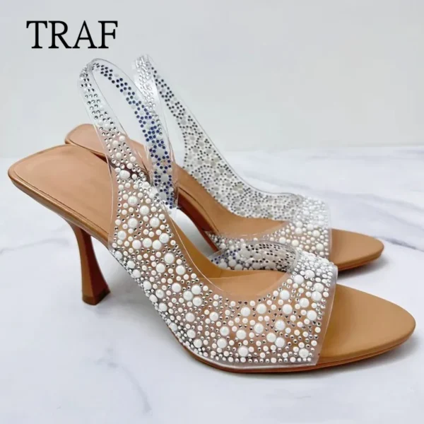 TRAF 2024 Summer Rhinestone Slingback Pumps Women High Heeled Sandals Lady Elegant Pointed Toe