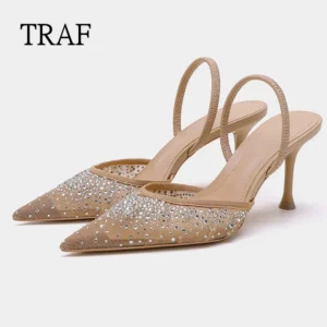 TRAF 2024 Women High Heeled Sandals Summer Fashion Mesh Rhinestone Slingback Woman Pumps Elegant