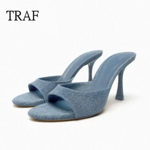 TRAF Denim Heels Sandals Women Slippers 2023 Fashion High heels Women Shoes Sexy Open Toe Pumps