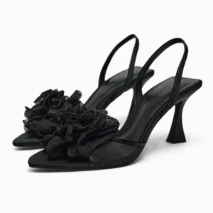 TRAF Sexy Black Heels Women Summer Party Pointed Toe High Heeled Sandals Elegant Floral Slingback