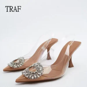 TRAF Women Pumps 2023 Summer Fashion Rhinestone Transparent High Heels Sexy Muller Heeled Luxury