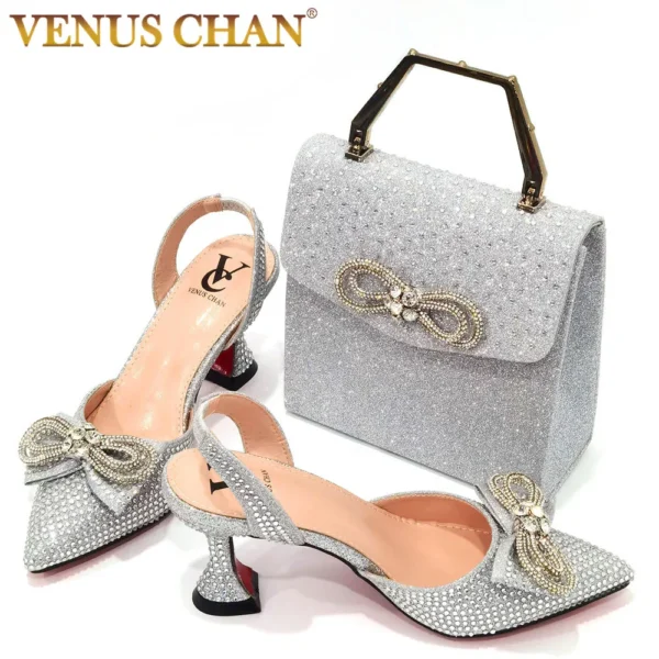 The Latest INS Style Rhinestone Bow Side Empty Party High Heels Pointed Toe Stiletto Heels Silver