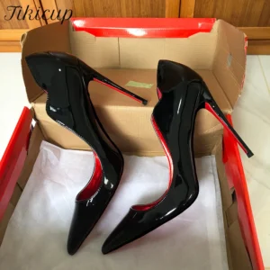 Tikicup Elegant Fashion Curl Cut Women Pointy Toe 12cm High Heel Shoes Sexy Glossy Black V Cut Party