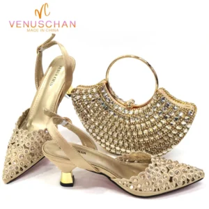 Venus Chan 2024 Latest High Heel Gold Color Atmospheric Luxury Pattern With Rhinestones Party Ladies