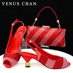 Venus Chan 2024 Red Color Elegant Women Heels Shoes and Bag Set Hollow Rhinestones High Heels Wedges