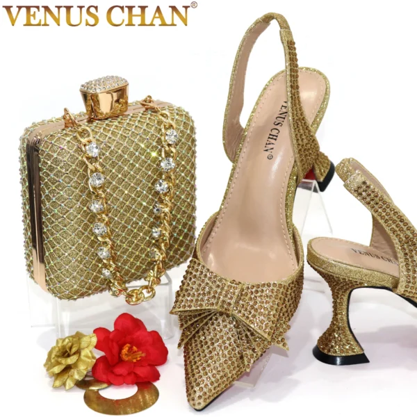 Venus Chan Bridal High Heels for Women 2023 Pointed Toe With Bows Gold Color Rhinestone Elegant