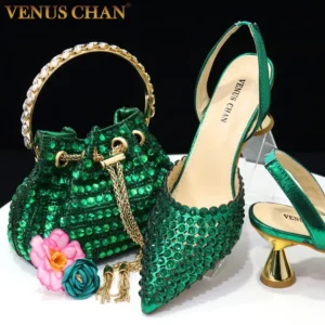 Venus Chan High Heels for Lady 2023 Luxury Designer Green Color Full Diamond Pointed Toe Wedding