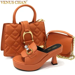 Venus Chan Platform Shoes Women Metal Decoration High Heel Open Toed Orange Color Italian Shoes and