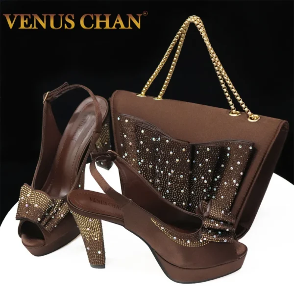 Venus Chan Women High Heels Sandals Printing Flower Material with Rhinestone Italian Design Coffee