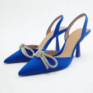 Women Blue Slingback Pumps High Heels Crystal Bowknot Party Dress Shoes Woman Sexy Pointed Toe