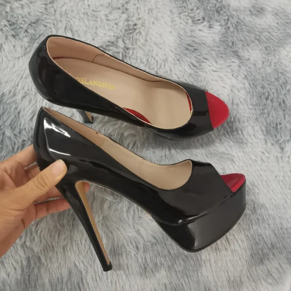 Women Pumps Sexy Platform Peep Toe 14cm Extremely Thin High Heels Stiletto Patent Leather Fashion