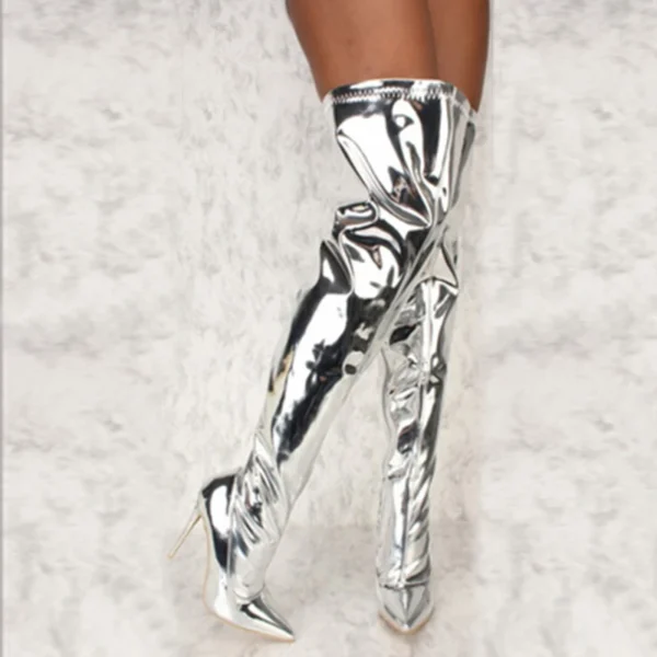 Women Sexy Silver Mirror Thigh High Boots T Show Pointy Toe Club Party Shoes Thin High Heels Over