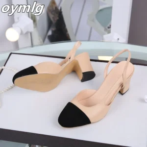 Women Slingbacks Shoes High Heels Thick High Heel Shoes Cow Leather Mixed Colors Pumps Ladies High