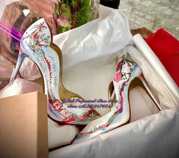 Women White Patent Leather Eiffel Tower Red Lips Printed Wedding Shoes 12cm Sky High Heel Pointed