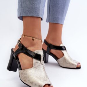 Women's high-heeled sandals made of eco leather, gold and black Queenmarie