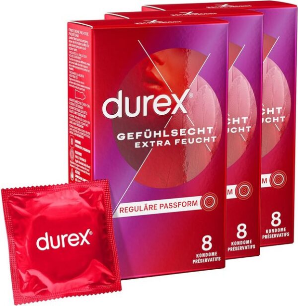 durex Kondome Durex Gefühlsecht Extra Feucht Kondome 3 x 8 Stück Packung, 3 St., Easy-On-Form