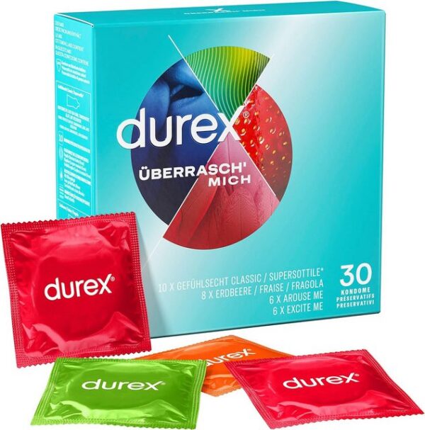 durex Kondome Überrasch Mich Kondome-Mix - Ausprobierset mit 4 Sorten - 30er Pack Ausprobierset, 30 St., 4 Sorten, verschiedene Größsen