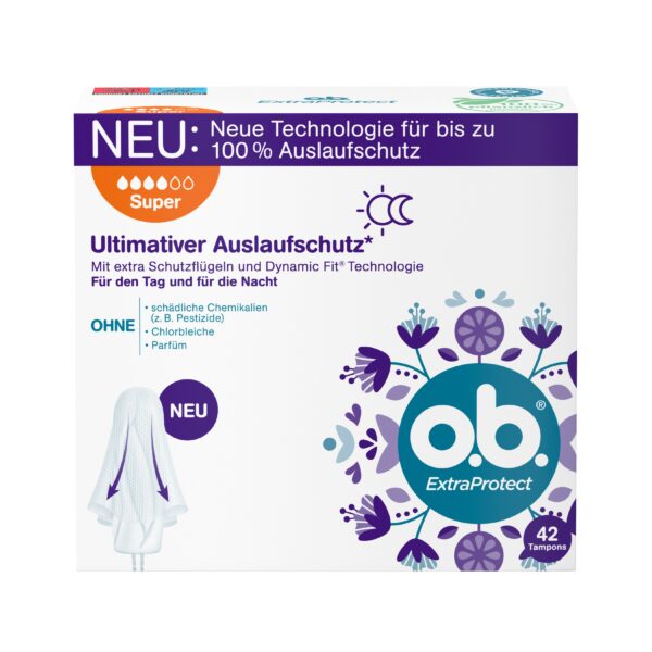 o.b. ExtraProtect Super, Tampons für starke Tage mit Dynamic Fit Technologie extra Schutzflügeln, für ultimativen Auslaufschutz